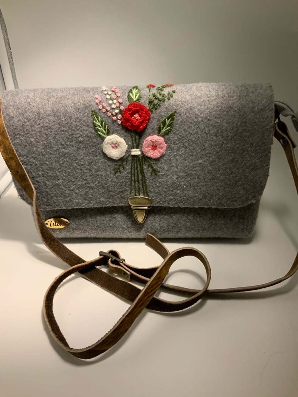 Tilaz Grey Felt Embroidered Floral Crossbody Bag with Leather Strap